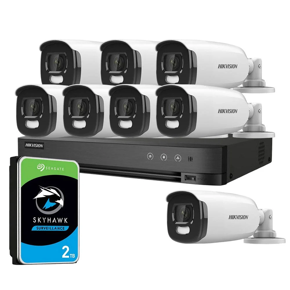Sistem supraveghere exterior cu HDD 2TB HikVision, 8 camere, 5 MP, lumina alba 40 m, 2.8 mm