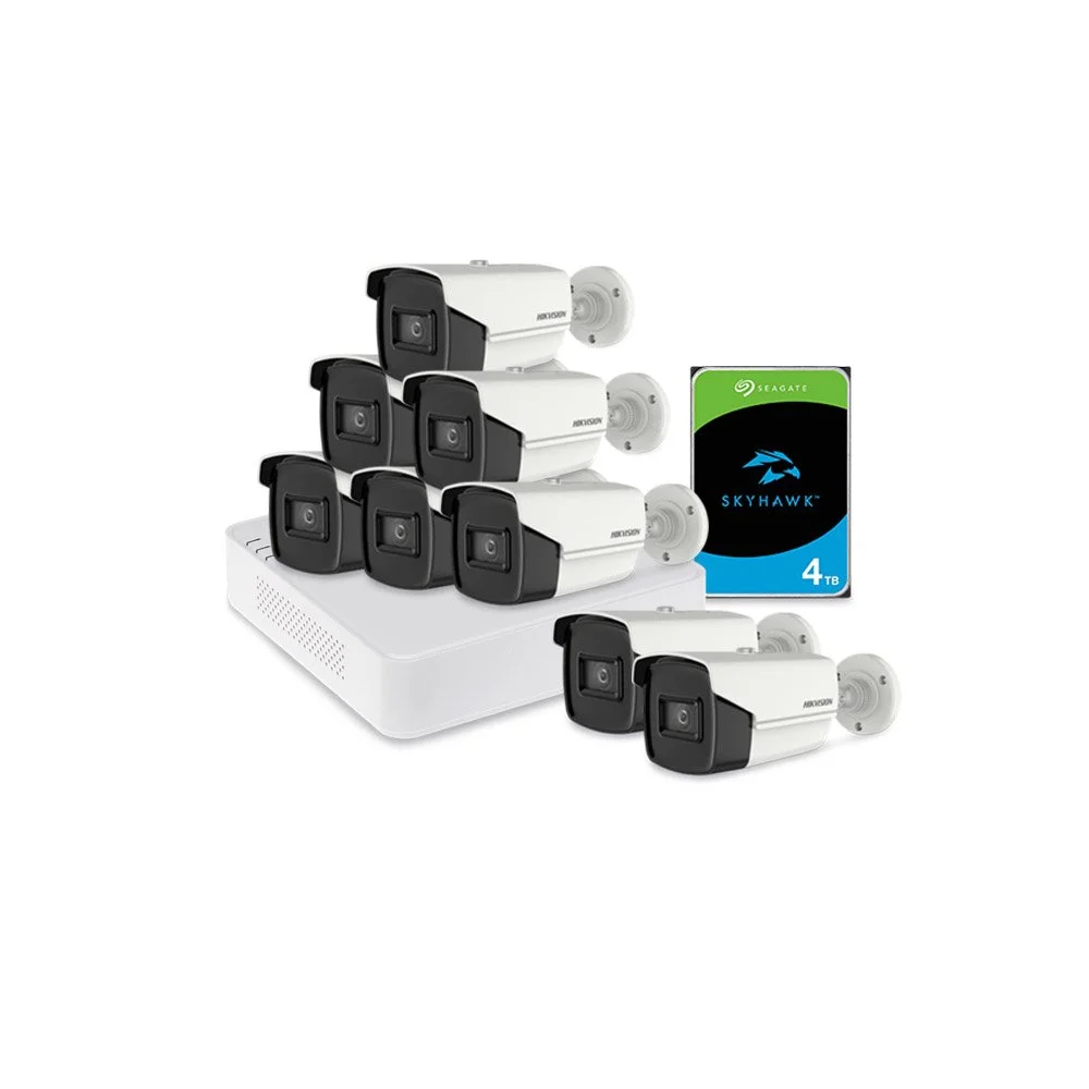 Sistem supraveghere exterior cu HDD 4 TB HikVision, 8 camere, 8 MP, IR 60 m, 2.8 mm