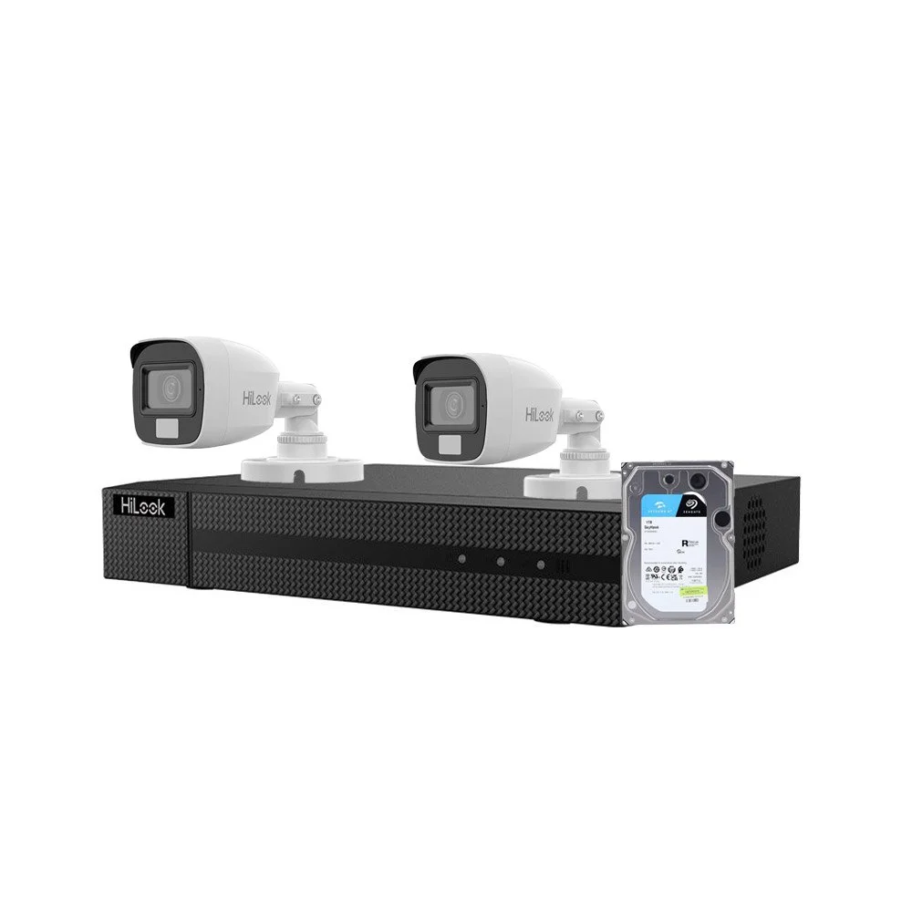 Sistem supraveghere exterior cu iluminare duala Hikvision HiLook KIT-HL-M-2C-C-0002, 5 MP, 2.8 mm, IR/lumina alba 20 m, microfon, HDD 1TB