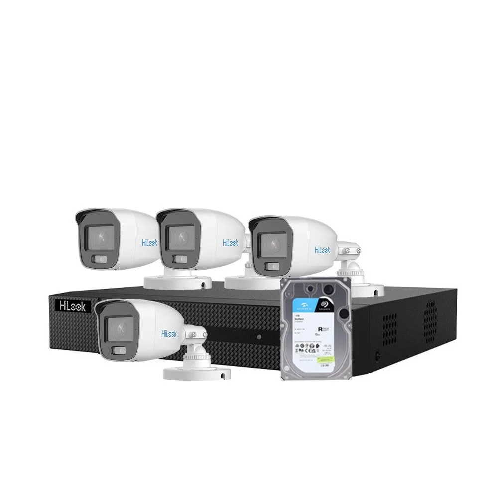 Sistem supraveghere exterior Hikvision HiLooK ColorVu  KIT-HL-M-4C-C-0005, 5 MP, 2.8 mm, lumina alba 20 m, microfon, HDD 1TB