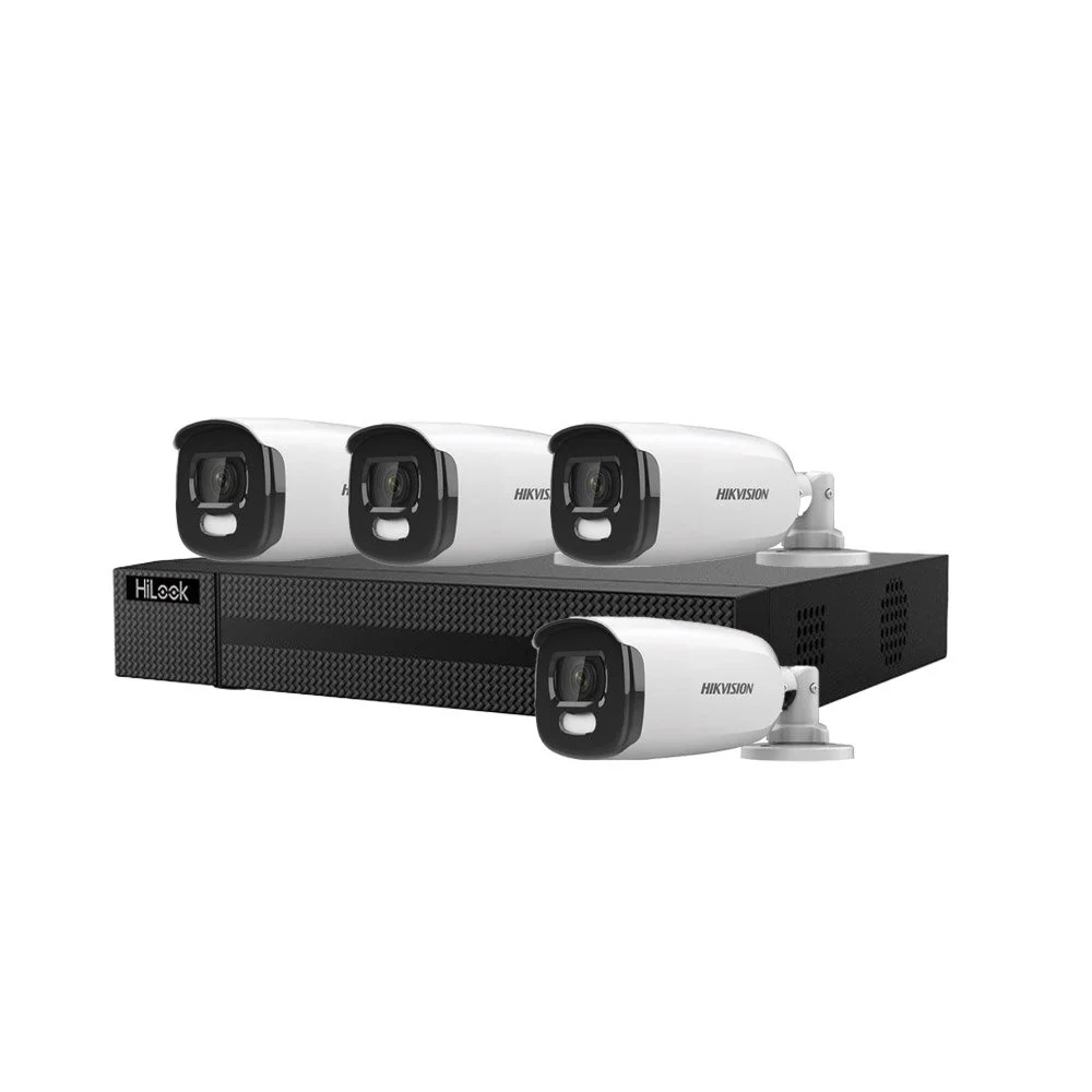 Sistem supraveghere exterior Hikvision HiLook TurboHD ColorVu KIT-HK-4EXT5MP40LA-V2, 4 camere, 5 MP, lumina alba 40 m, 2.8 mm