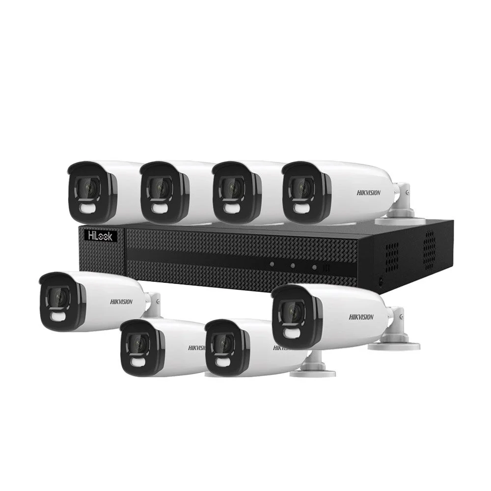 Sistem supraveghere exterior Hikvision HiLook TurboHD ColorVu KIT-HK-8EXT5MP40LA-V2, 8 camere, 5 MP, lumina alba 40 m, 2.8 mm