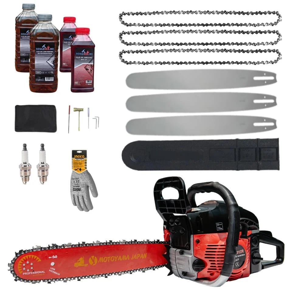 *SUPER Pachet* 8.5cp Drujba benzina + 3 lanturi + 3 lame + x2 ulei ungere lant 1L + x2 ulei amestec 0.5L + x2 bujii + accesorii + manusi protectie, MOTOYAMA JAPAN
