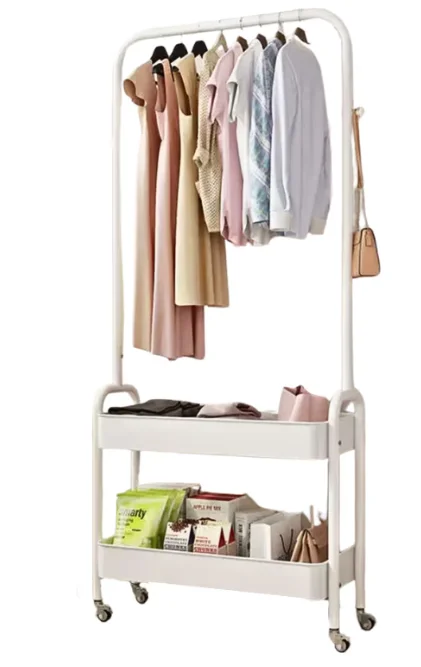 Suport portabil din otel carbon pentru umerase si haine 2 rafturi 2 carlige 4 rotile