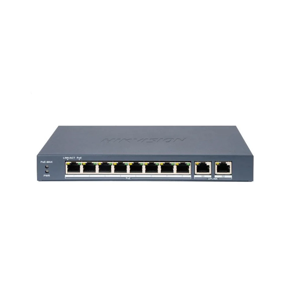 Switch 8 porturi PoE Hikvision DS-3E0310P-E/M(B), 2x Gigabit, 80W, 5.6 Gbps, 10 Mbps, 8000 MAC, fara management