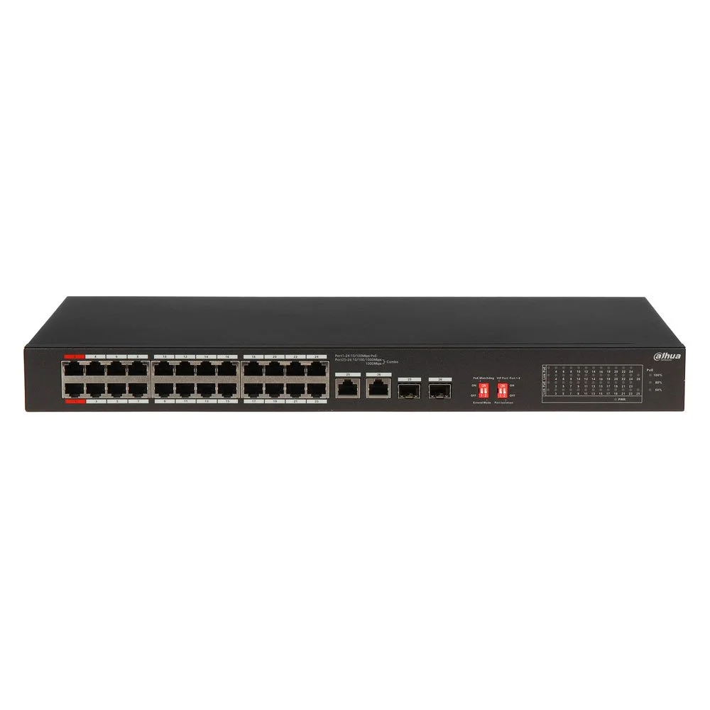Switch cu 24 porturi PoE Dahua S3226-24ET-240, 10/100 Mbps, 2x SFP 1000Mbps, fara management