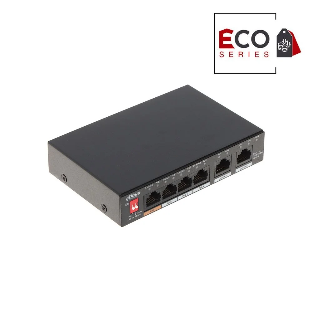 Switch cu 6 porturi Dahua Eco Series PFS3006-4GT-60-V2, 2000 MAC, 14 Gbps, fara management, PoE
