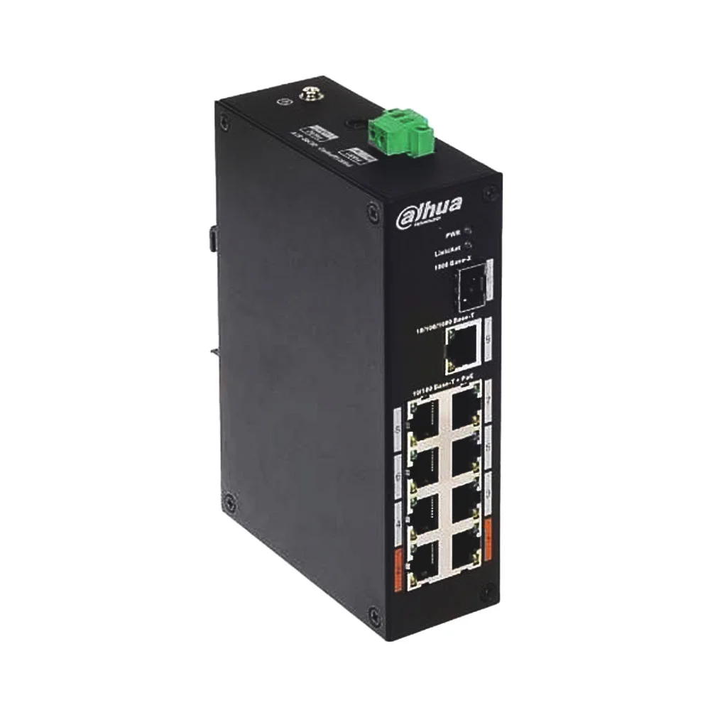 Switch cu 8 porturi Dahua PFS3110-8ET-96-V2, 1 port SFP, 1 port Gigabit, 7.6 Gbps, 4.17 Mpps, 8.000 MAC, PoE, fara management