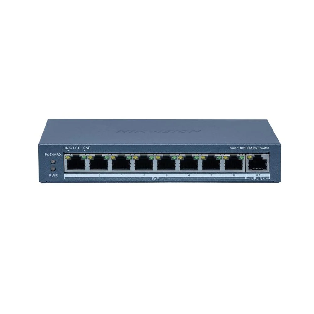 Switch cu 8 porturi PoE Hikvision DS-3E1309P-EI(B), 3.6 Gbps, 1× port Gigabit, MAC 16 K, buget 110 W, cu management
