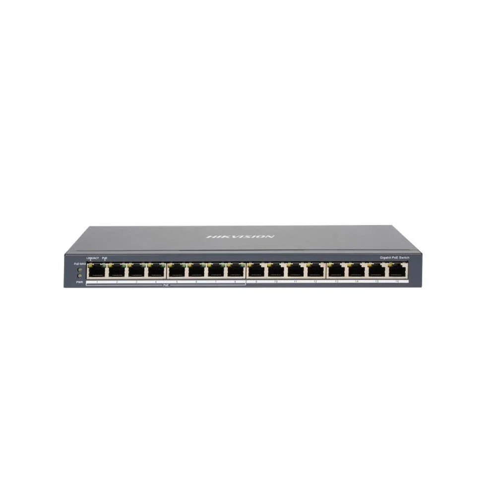 Switch Gigabit PoE Hikvision DS-3E0516P-O, 16 porturi, 8 PoE Gigabit, 32 Gbps, 110W, plug and play, metalic
