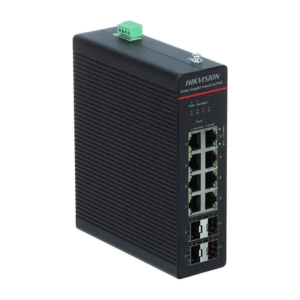Switch industrial Hikvision DS-3T1512HP-SI-8P4F, 8 porturi PoE, 10/100/1000 Mbps, 4 SFP Gigabit, buget PoE 300W, sina DIN, cu management