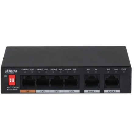 Switch PoE 4 porturi Eco Series Dahua PFS3006-4ET-60-V2, 1 port Hi-PoE 60W, 2 uplink, watchdog