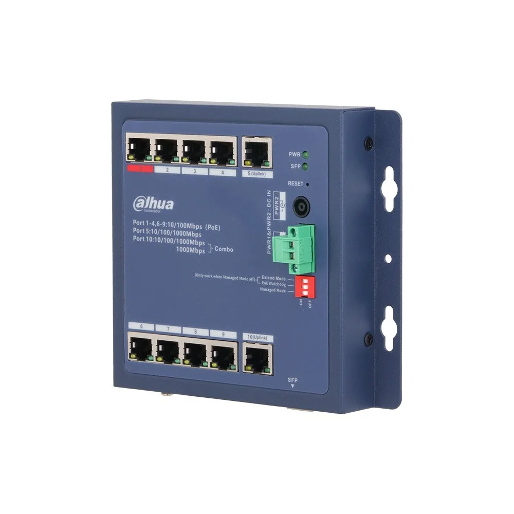 Switch PoE cu 10 porturi Dahua CHS4110-8ET-90-F, buget 90 W, 1 SFP combo, 1 uplink, 5.6 Gbps, 4.17 Mpps, Layer 2, cu management