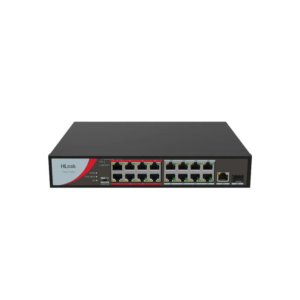 Switch PoE cu 16 porturi HikVision HiLook NS-0318P-130(B), 10/100 Mbps, 7.2 Gbps, 5.356 Mpps, MAC 4K, fara management