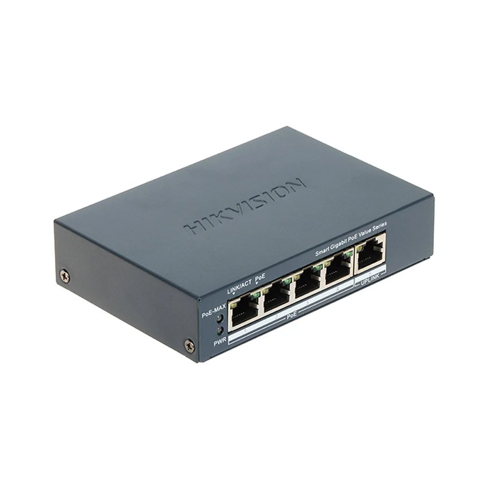 Switch PoE cu 4 porturi Gigabit HikVision DS-3E1505P-EI/M, 10/100/1000 Mbps, MAC 2K, PoE Watchdog, 45W, smart management