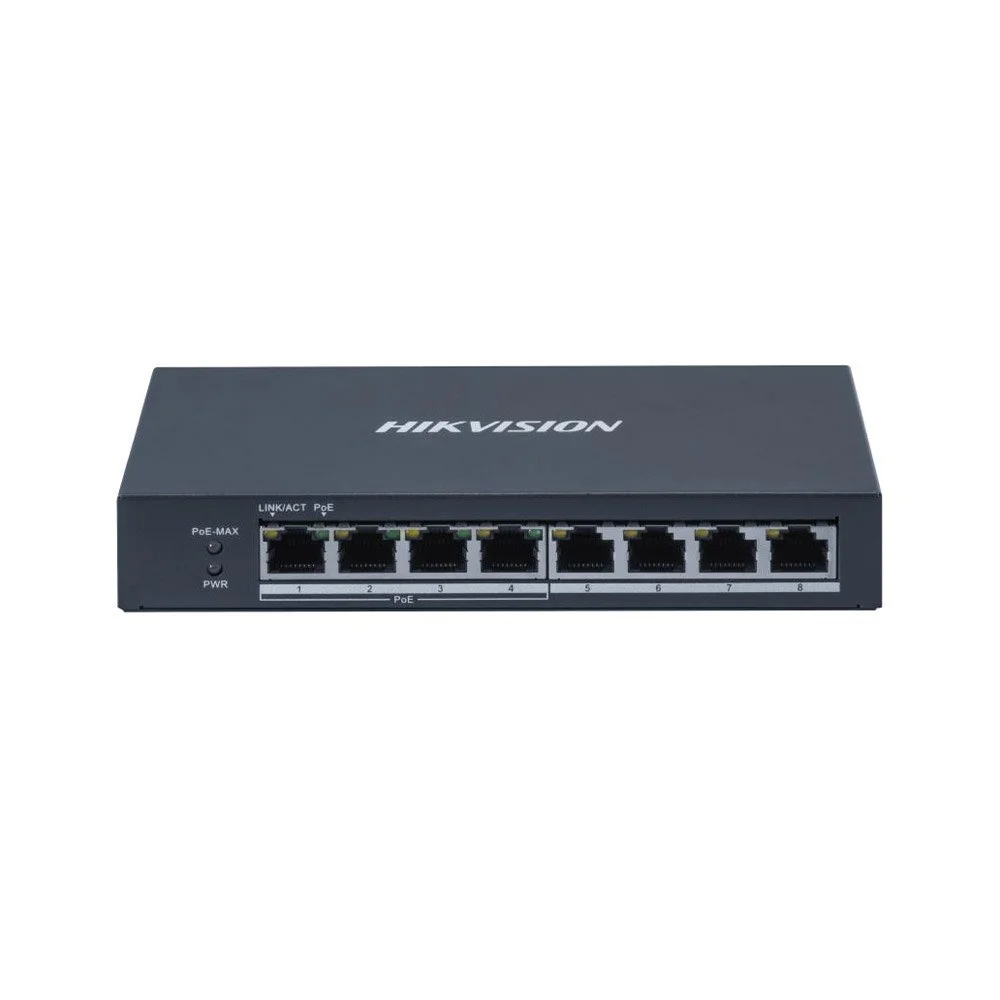 Switch PoE Gigabit cu 8 porturi Hikvision DS-3E0508P-O, 4 porturi PoE + 4 porturi RJ45, buget 60W, 16 Gbps, 11.90 Mpps, carcasa metalica, fara management