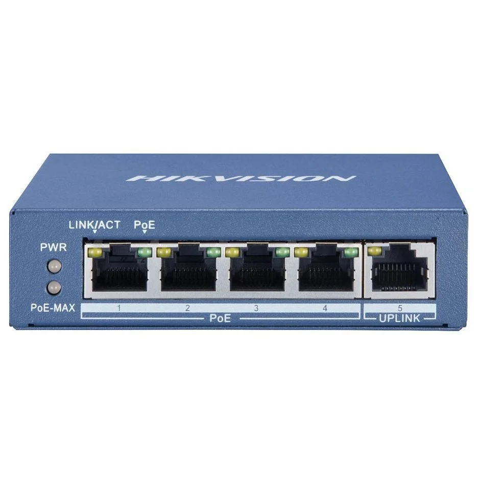 Switch PoE Hikvision DS-3E1505P-EI/M, 4 porturi PoE Gigabit, 1 port RJ45 Gigabit, 60W putere totala