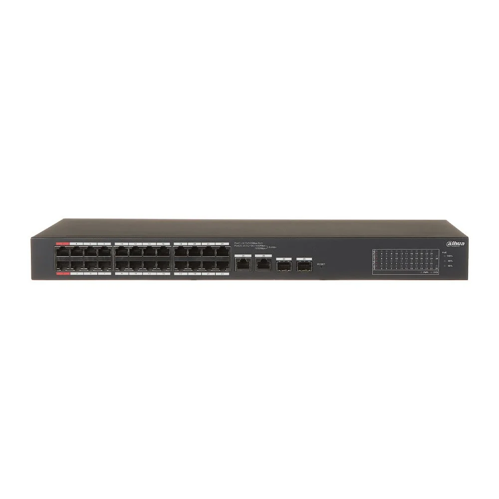Switch rackabil cu 28 porturi Dahua CS4228-24GT-240, 24 porturi PoE, 2 porturi SFP, 2 porturi RJ-45 uplink, PoE Watchdog, Cloud Management