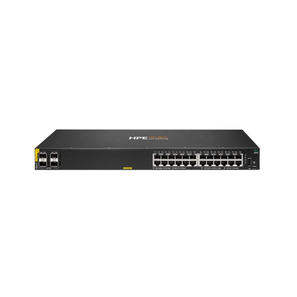 Switch rackabil Gigabit PoE cu 24 porturi HPE Aruba Networking CX 6000 R8N87A, 4 porturi SFP, 56 Gbps, 41.6 Mpps, buget 370 W, L2, 1U, cu management