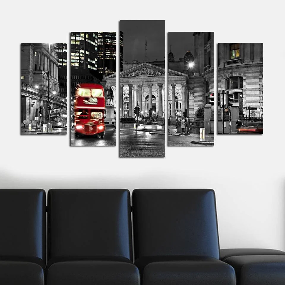 Tablou MDF ( 5 buc ) London Autobuz Rosu, Multicolor, 60x110 cm