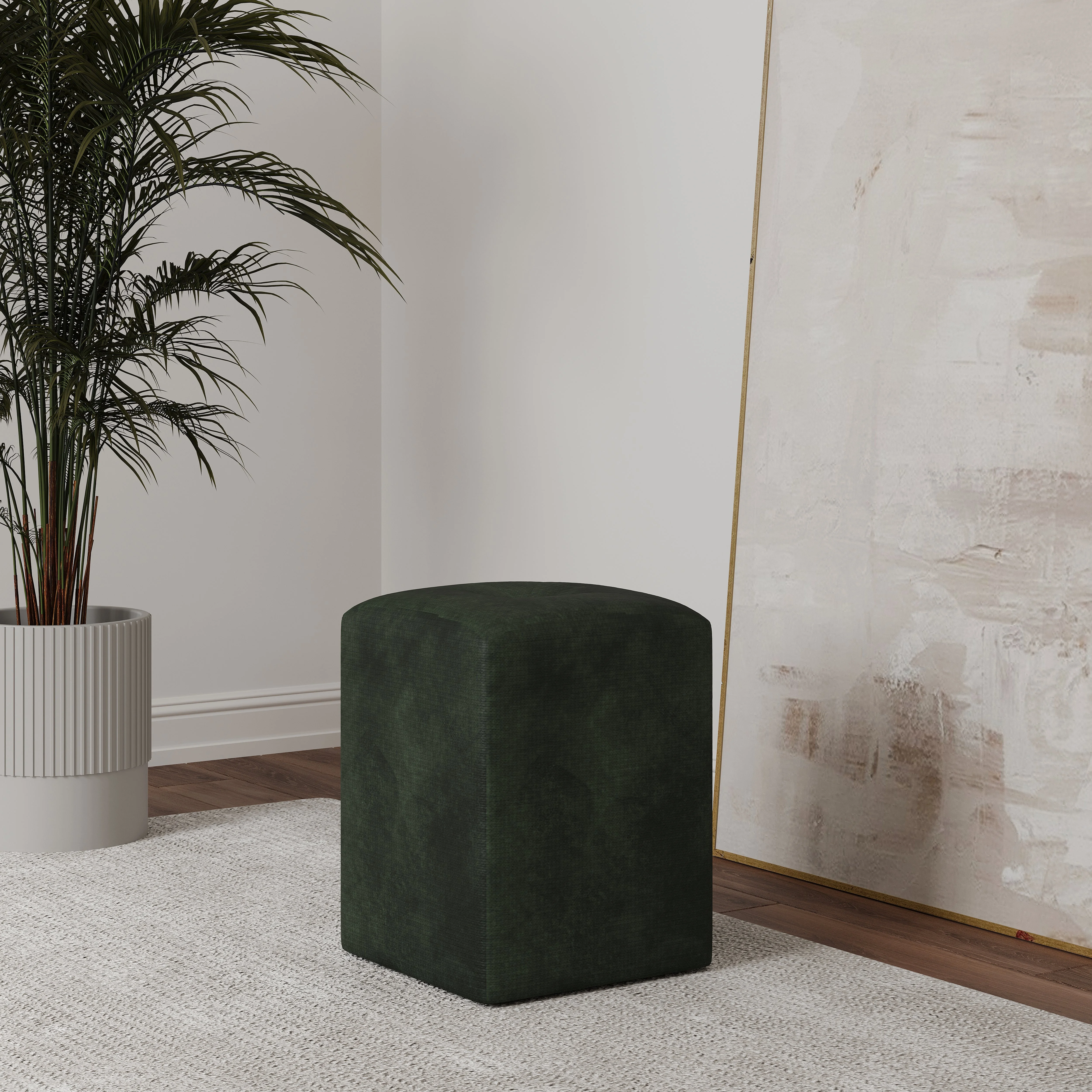 Taburet Tapitat Talin, Verde Inchis, Stofa, L 35 x l 35 x H 45 cm