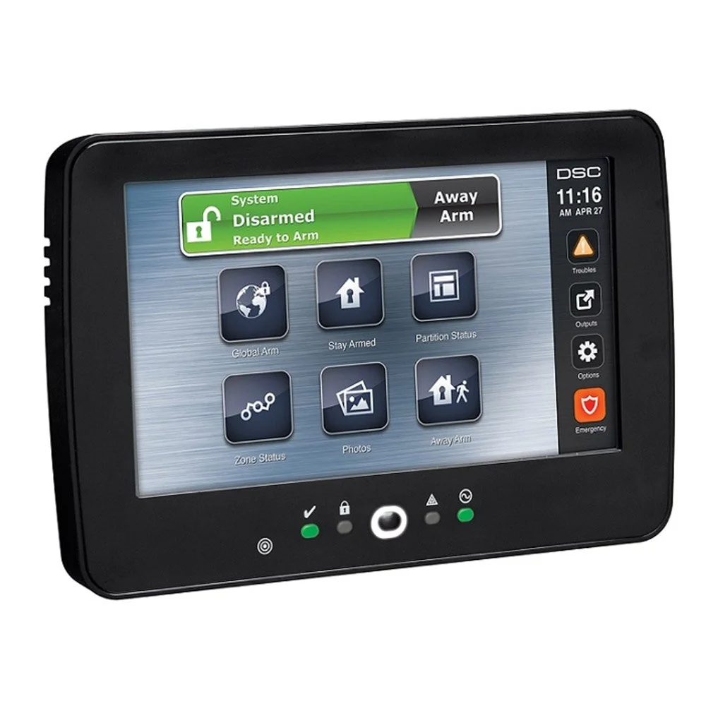 Tastatura touch screen cu cititor de proximitate DSC NEO HS2TCHPBLK, 7 inch, LCD color, slot card, conexiune 4 fire, tamper, neagra