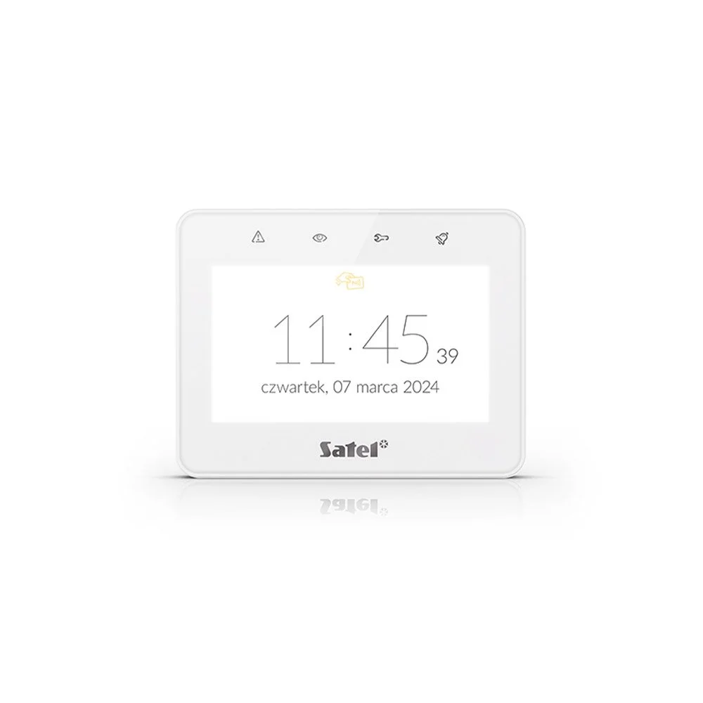 Tastatura touch screen Satel Integra INT-TSG2R-W, 4.3 inch, functii MACRO, Mifare 13.56 MHz, slot card, alb