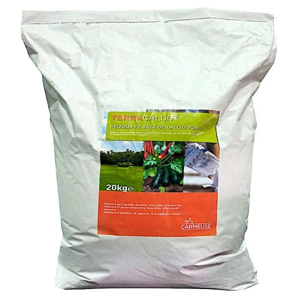 Terracalco Garden 20 kg, pulbere de Calciu pur, Carmeuse, afanarea si ameliorarea solului, imbunatateste pH-ul, impiedica baltirile, dezvolta sistemul radicular, rol impotriva lichenilor