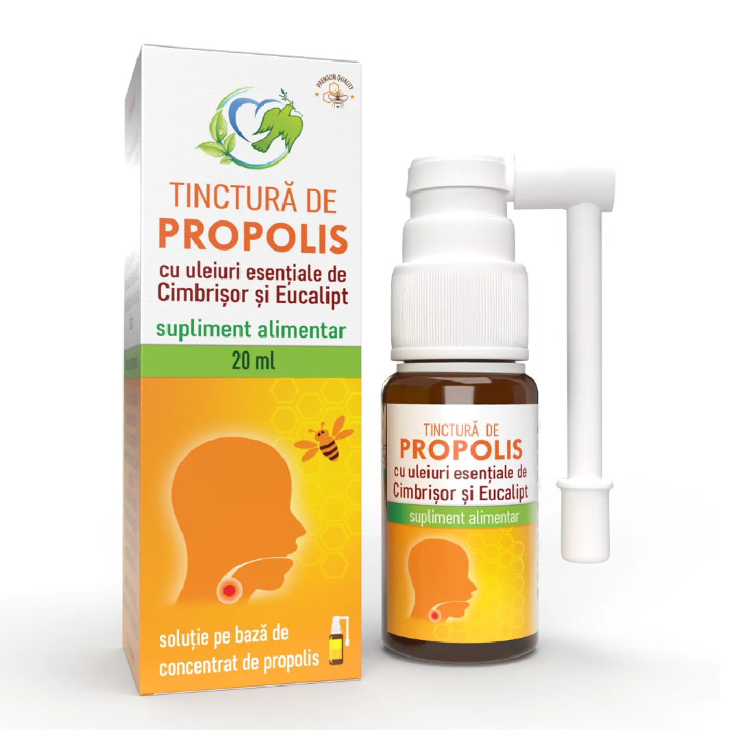Tinctura de propolis cu uleiuri esentiale de cimbrisor si eucalipt, 20 ml, Justin Pharma