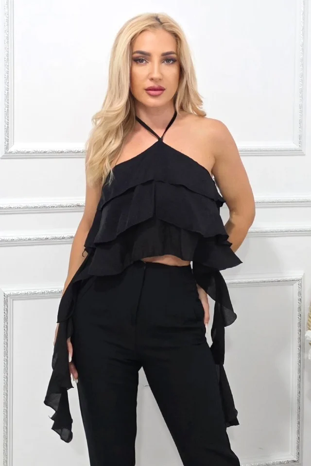 Top de seara Yuna, cu volane oversize asimetrice, Negru, Marime S/M