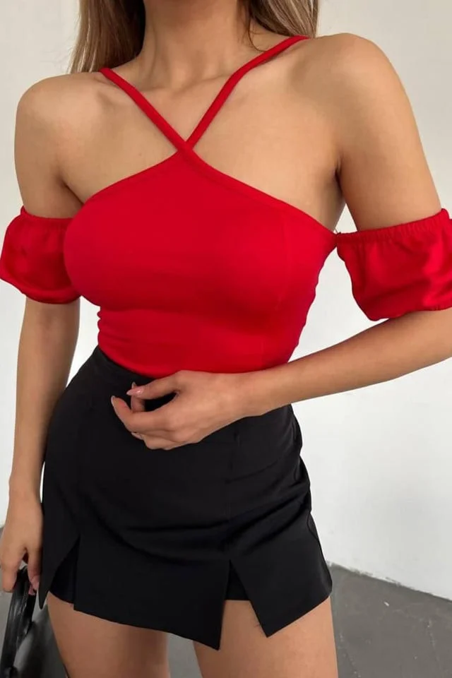 Top scurt Bez, cu umerii goi si mansete bufante cu rejansa elastica, Rosu