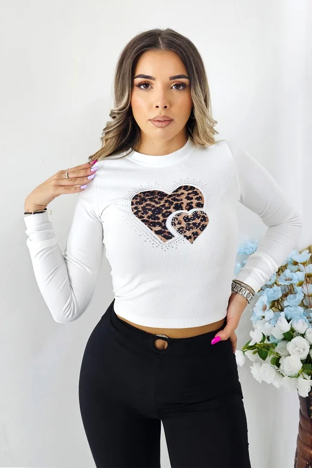 Top scurt Woven, cu bumbac si logo animal print, Alb Miraj
