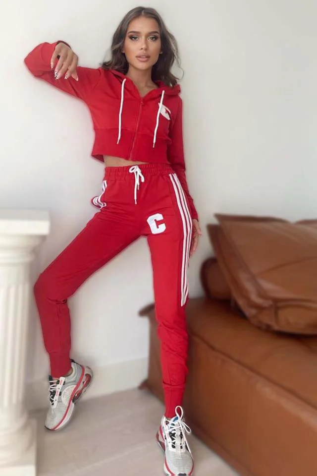 Trening dama Catryna, pantaloni si hanorac scurt cu fermoar, Rosu