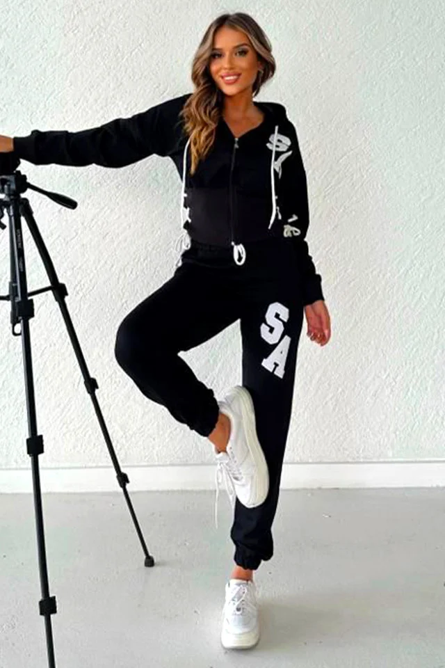 Trening Sport Action, pantaloni si bluza cu gluga si legare laterala cu snur, Negru