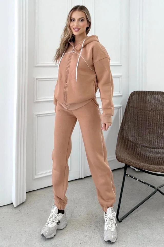 Trening vatuit cu fermoar, Zarah, bluza cu gluga si pantaloni, Bej