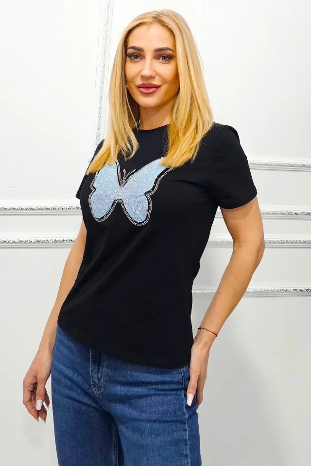 Tricou bumbac AMOO, cu imprimeu in relief si cristale artizanale, Butterfly Negru