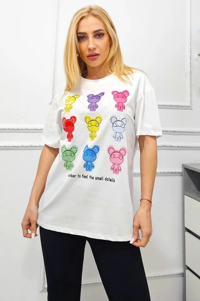 Tricou bumbac AMOO, cu imprimeu multicolor si cristale artizanale, Rainbow Bears, ALB
