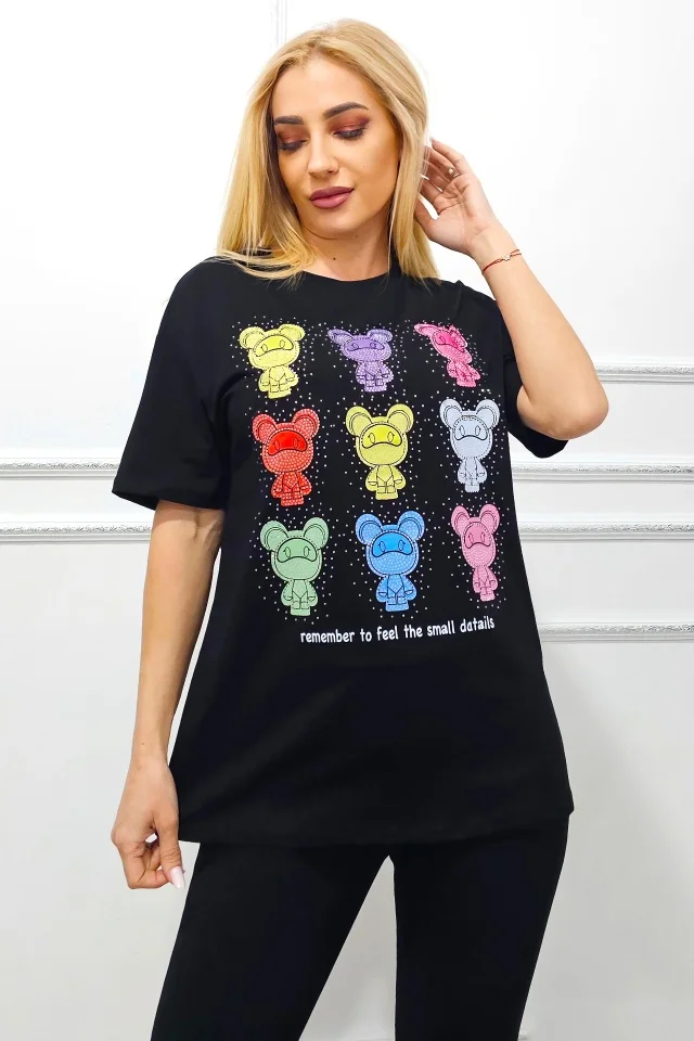 Tricou bumbac AMOO, cu imprimeu multicolor si cristale artizanale, Rainbow Bears, Negru