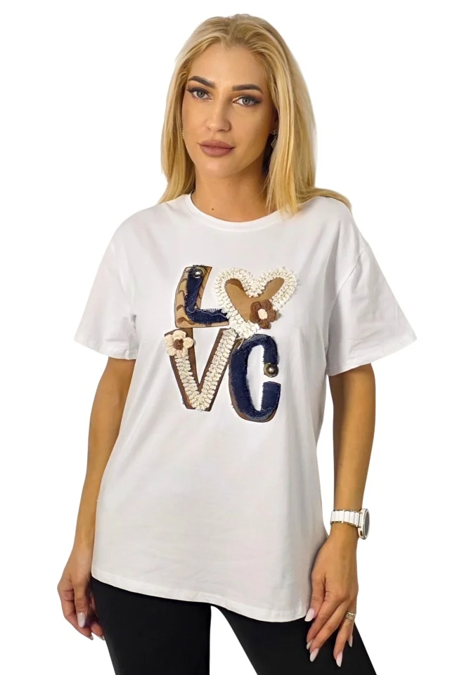 Tricou bumbac NOREA, cu imprimeu in relief, LOVE Alb