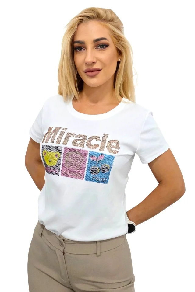 Tricou bumbac NOREA, cu paiete, MIRACLE Alb