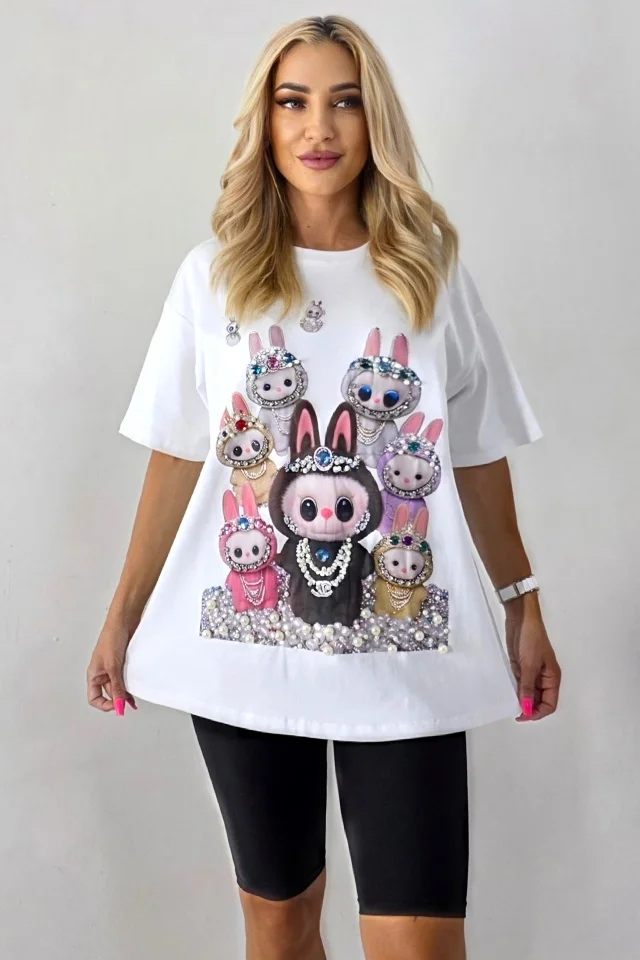 Tricou dama cu print La BuBu, croiala oversize cu perle si cristale, Alb, Marime S/M/L