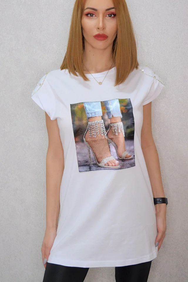 Tricou dama lung, cu imprimeu "sandale", Alb