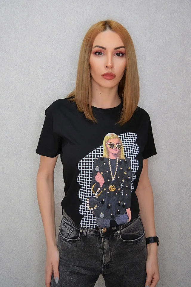 Tricou dama mediu, cu imprimeu "glamour girl", Negru