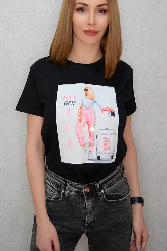 Tricou dama mediu, cu imprimeu "traveling girl", Negru