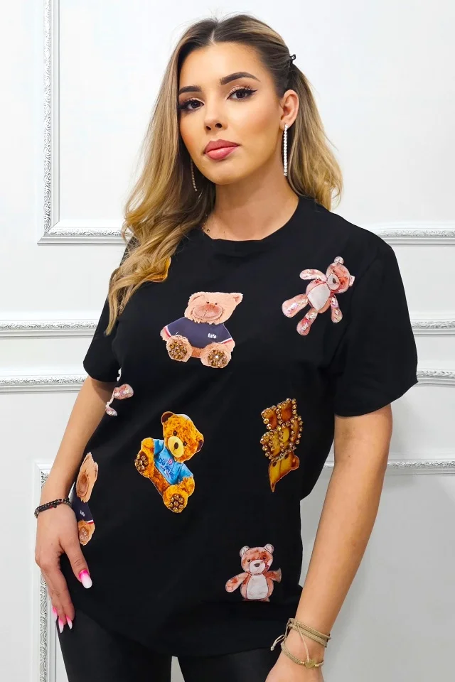 Tricou dama Neo, cu imprimeu ursuleti si cristale aplicate, Sits Down, Negru, Marime S/M
