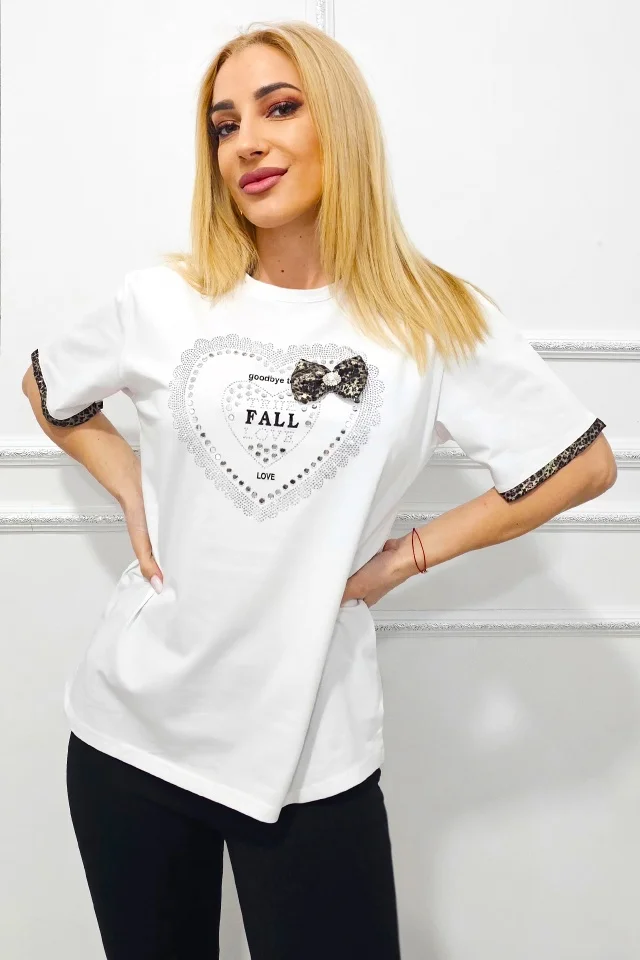 Tricou de dama imprimat AMOO, cu funda si paiete, FALL Love ALB