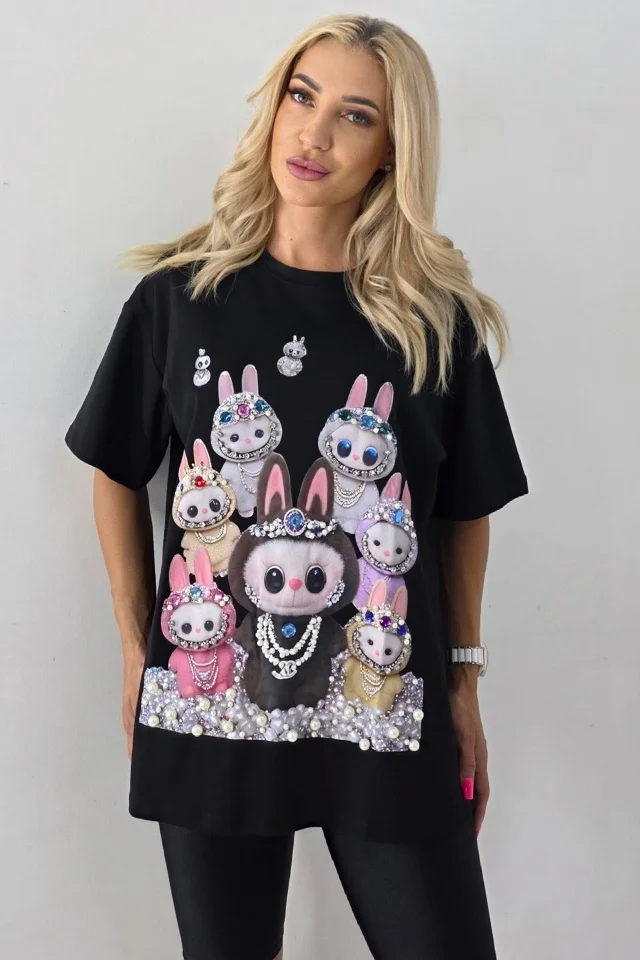 Tricou lung imprimat La BuBu, cu perle si cristale colorate, Negru, Marime S/M/L