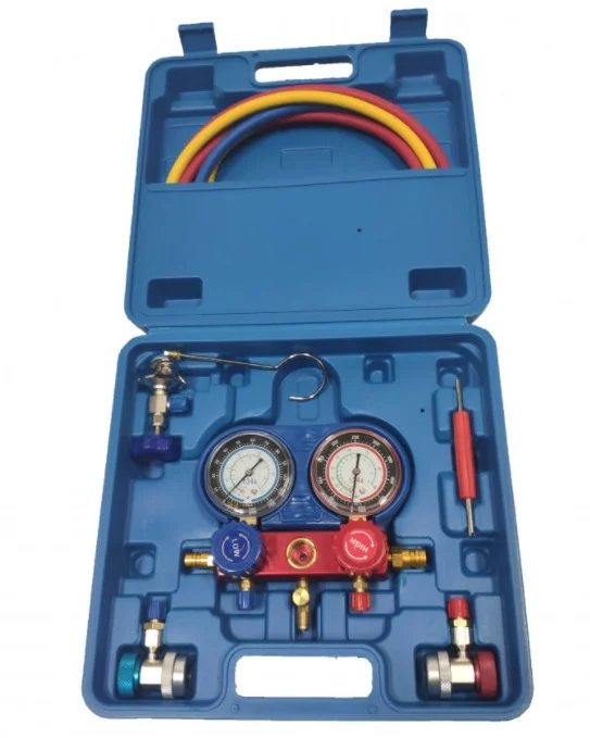 Trusa verificat AC cu 2 manometre 2 Robineti 2 mufe si 3 furtune 90cm pentru aer conditionat  / Freon
