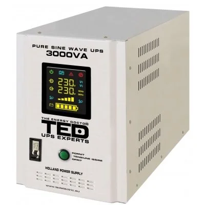 UPS pentru centrala termica (pe lemne / gaz) TED Electric 3000VA / 2100W utilizeaza 2 acumulatori (neinclusi), unda sinusoida pura TED001672