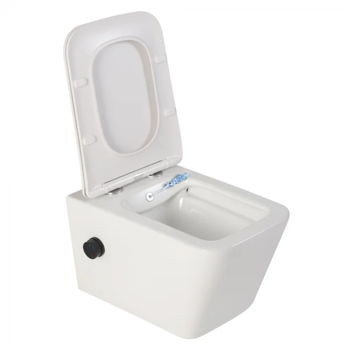 Vas wc suspendat cu functie bideu, dreptunghiular, apa calda rece, rimless, baterie negru mat Foglia Safari